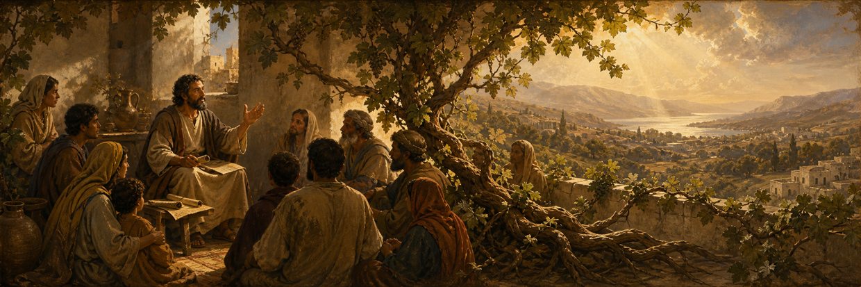 A teacher addressing a diverse household beneath a broad rooted vine overlooking a sunlit valley
