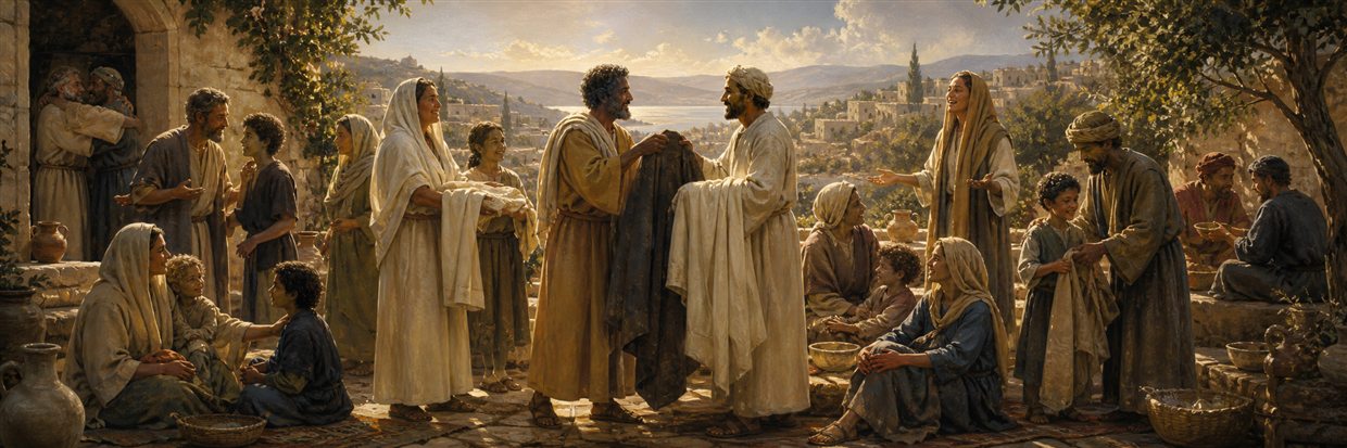 A community exchanging worn garments for clean robes while forgiving, teaching children, and sharing food