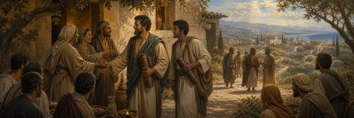 Two traveling messengers with sealed scroll cases receiving a warm welcome from a first-century house church