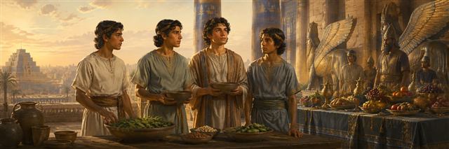 Daniel and his three companions choose bowls of vegetables and water beside an untouched Babylonian royal feast