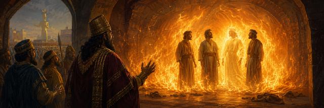 Nebuchadnezzar watches three Judean men and a luminous fourth figure walk unharmed inside the fiery furnace