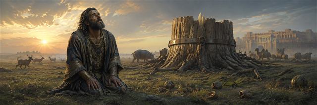 A humbled Nebuchadnezzar lifts his eyes at dawn beside the banded stump of the great tree from his dream