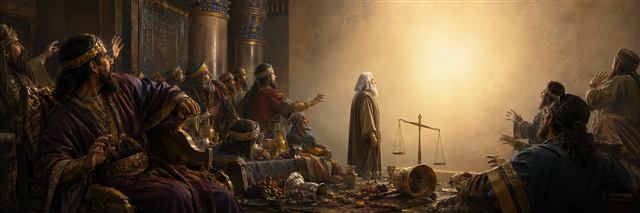 Belshazzar and his nobles recoil from radiance on a blank palace wall as Daniel stands beside uneven balance scales