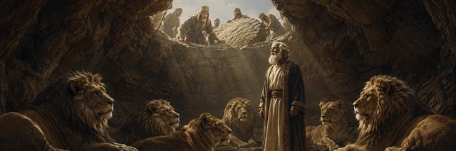 Daniel stands unharmed among resting lions as King Darius looks into the opened den at dawn