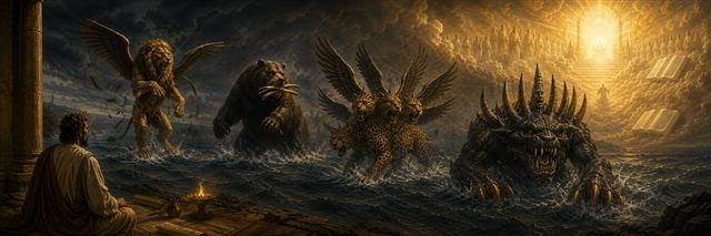 Daniel watches four symbolic beasts emerge from a stormy sea before a radiant heavenly court with opened books