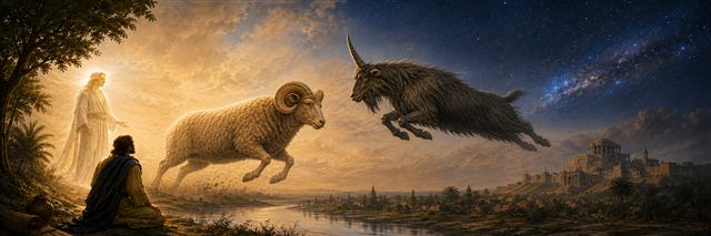 Daniel and a luminous messenger watch a two-horned ram confront a swift horned goat above the Ulai river
