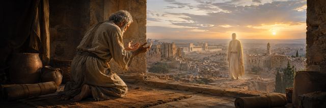 Daniel kneels in confession before ruined Jerusalem as a softly luminous messenger approaches at evening