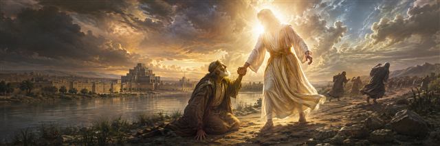 A radiant linen-clad messenger lifts and strengthens a weakened Daniel beside the Tigris while his companions flee