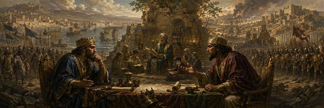 Rival northern and southern kings confer across a treaty table while armies gather and faithful teachers instruct a small community