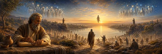 Daniel seals a scroll beside the river as people rise into dawn light and wise teachers shine beneath the stars