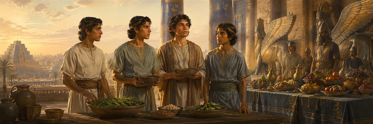 Daniel and his three companions choose bowls of vegetables and water beside an untouched Babylonian royal feast
