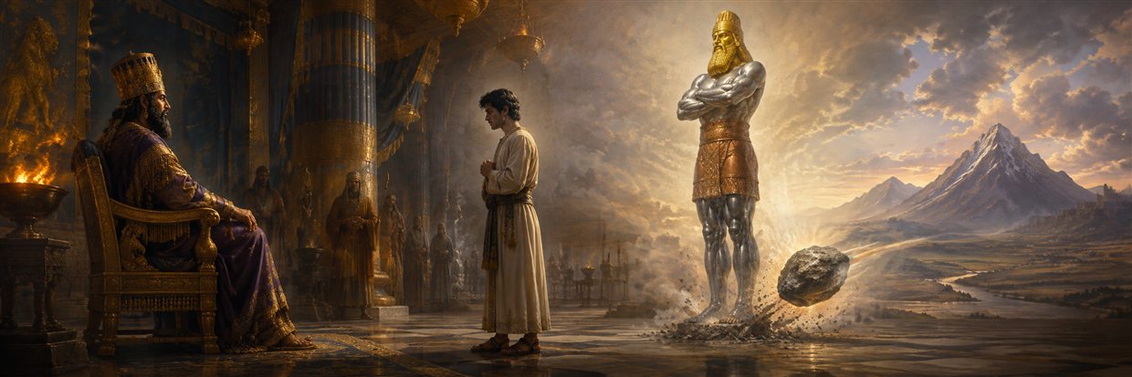 Daniel stands before Nebuchadnezzar as a many-metaled statue, an approaching stone, and a distant mountain fill the vision