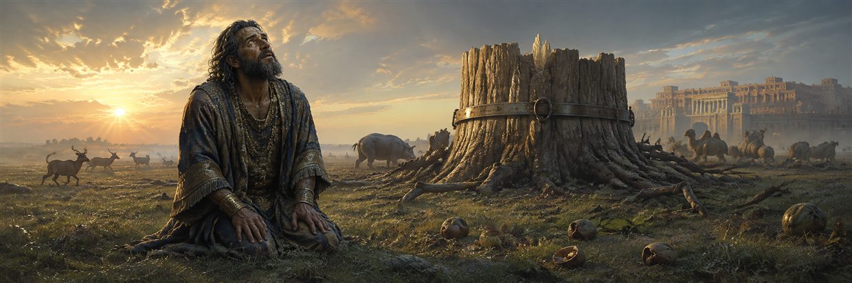 A humbled Nebuchadnezzar lifts his eyes at dawn beside the banded stump of the great tree from his dream