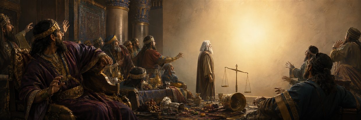 Belshazzar and his nobles recoil from radiance on a blank palace wall as Daniel stands beside uneven balance scales
