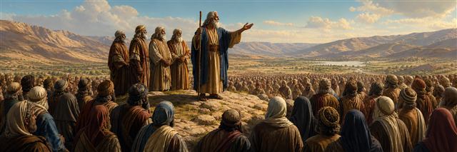 Moses addressing Israel on the plains east of the Jordan with distant hills beyond