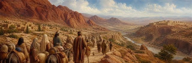 Israelite families traveling beside the Arnon gorge toward the hill country of Heshbon