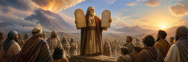 Moses holding two stone tablets before Israel with Mount Horeb behind him