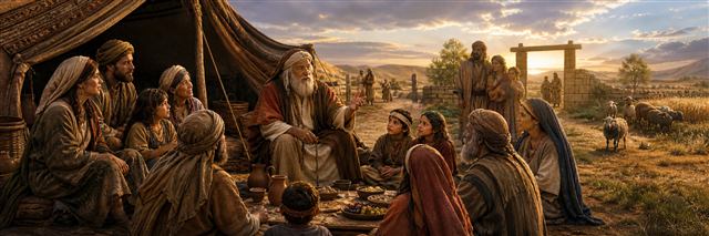 Moses and a multigenerational Israelite household teaching children beside their tent