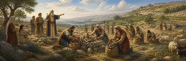 Israelite families removing foreign cult stones from a fertile hillside under Moses’ guidance