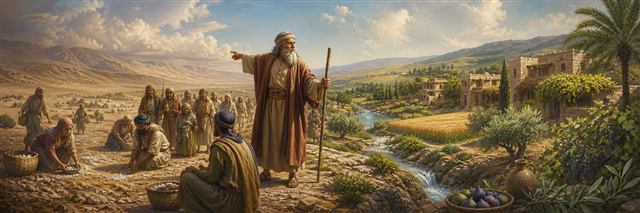 Moses pointing from people gathering manna toward streams, vineyards, and fertile fields