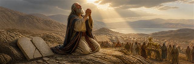 Moses interceding on a rocky height beside broken tablets as Israel removes the golden calf