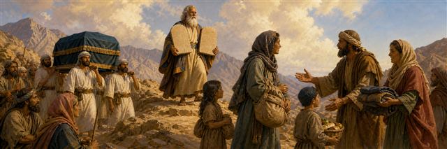 Moses carrying replacement tablets as Levites serve and families welcome vulnerable travelers