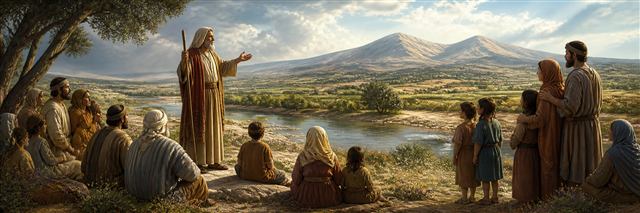 Moses teaching Israelite families beside the Jordan with two distant mountains beyond