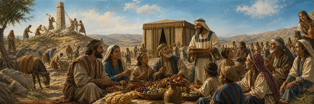 Israelite families sharing a joyful sacred meal while workers remove a pagan pillar