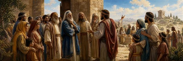 Israelite elders testing a persuasive guide who points toward a distant foreign shrine