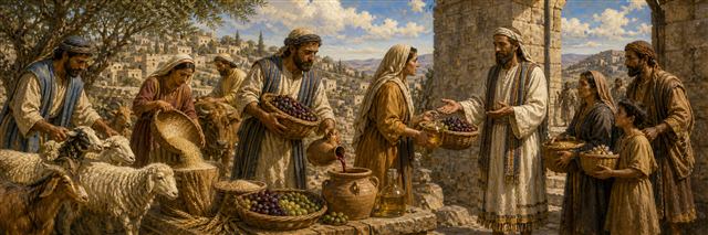Israelites sorting livestock and produce while sharing food with Levites and vulnerable families
