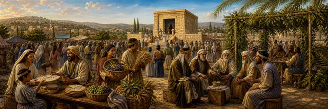 Israelites celebrating with firstfruits and leafy booths while elders hear a case fairly