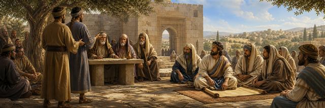 Elders hearing witnesses while a modest king studies an unmarked scroll with Levites