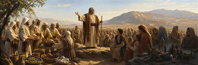 Moses teaching attentive Israelites while Levites receive offerings and divination objects are removed