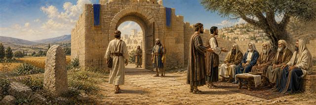 A traveler entering a city of refuge as elders hear witnesses beside an ancient boundary stone