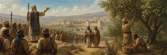 A priest encouraging Israelite troops while peace envoys pass beside a protected orchard
