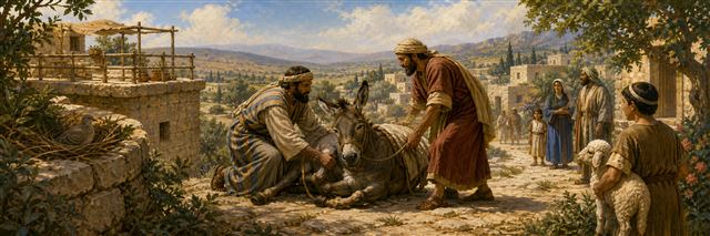 Two Israelite neighbors lifting a fallen donkey while another returns a lost sheep