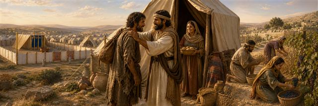 An Israelite household welcoming a weary escaped servant beside the clean wilderness camp