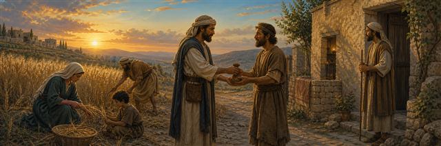 A landowner paying a worker at sunset while widows and children gather leftover grain