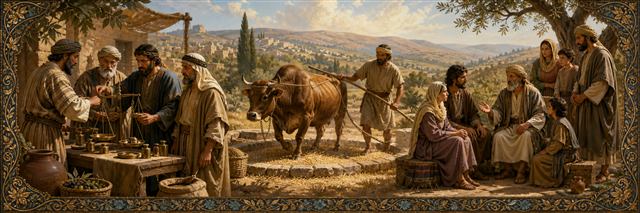 Elders inspecting honest market weights beside an unmuzzled ox treading grain