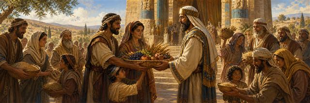An Israelite household presenting firstfruits to a priest while neighbors share grain