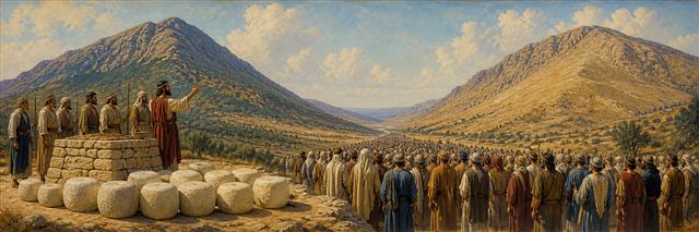 Israelites gathered between two mountains beside plastered stones and a natural-stone altar