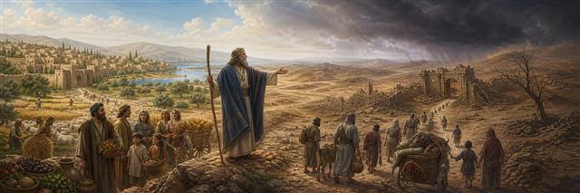 Moses standing between a flourishing town and a barren road of exile under dark clouds