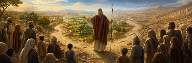 Moses and Israelite families facing paths toward fertile land and barren wilderness