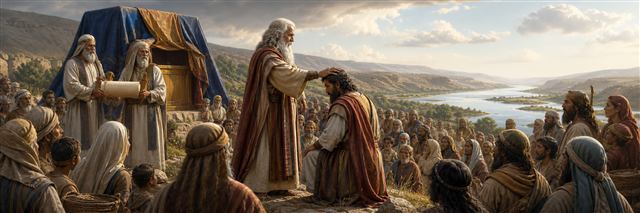Moses commissioning Joshua before Israel while priests hold an unmarked scroll beside the ark