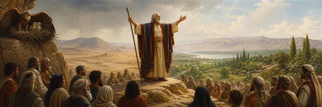 Moses singing before Israel while an eagle shelters its young above the wilderness