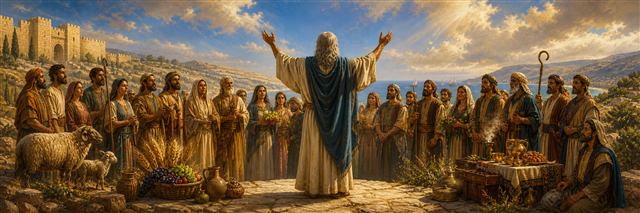 Moses raising his hands in blessing over representatives of Israel’s tribes