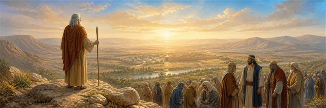Moses viewing the promised land from Mount Nebo while Joshua stands among mourning elders below