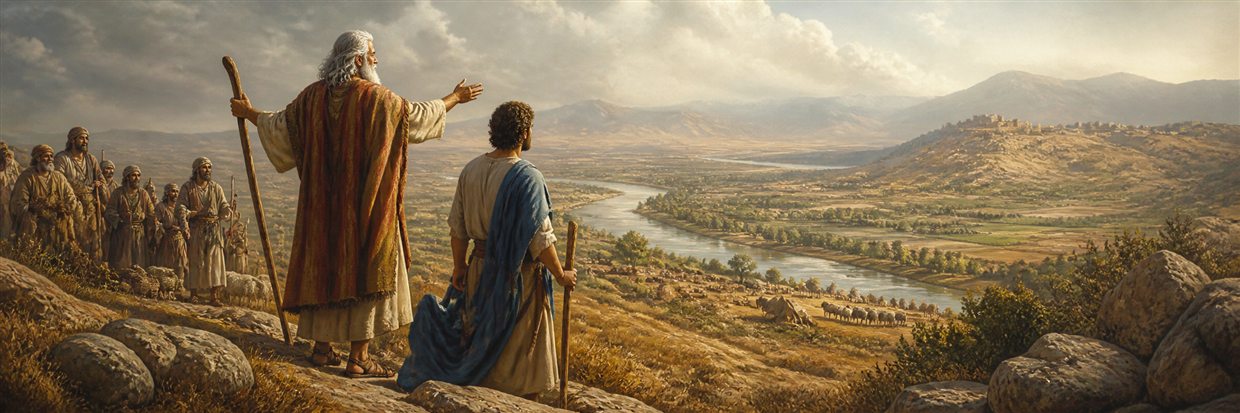 Moses and Joshua standing on a ridge overlooking the Jordan and promised land