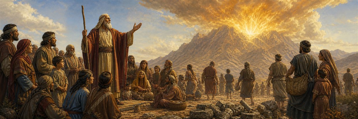 Moses teaching Israelite families before Mount Horeb covered in radiant cloud and fire
