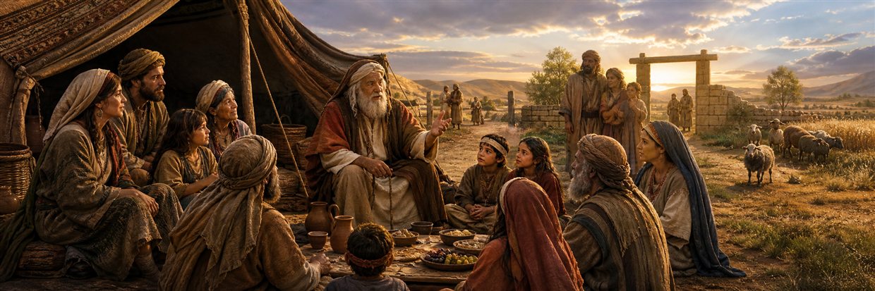 Moses and a multigenerational Israelite household teaching children beside their tent